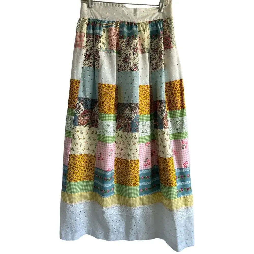 Handmade Vintage Medium 100% Cotton &‎ Lined Eyelet Quilted Patchwork Maxi Skirt